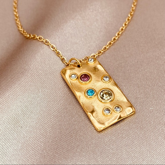 18K Gold  Cubic Zirconia rectangle hammered Pendant- Dainty chain necklace - Picture 8 of 8